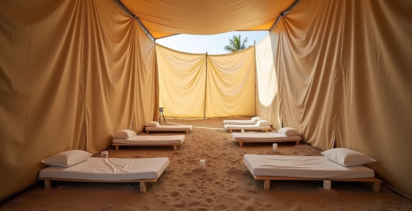 Vue d'ensemble d'un espace de refuge temporaire pour femmes avec séparations en tissu