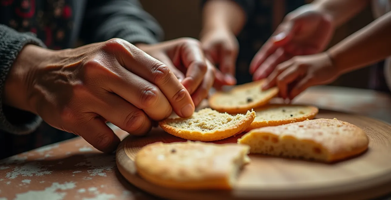 Gros plan sur les mains d'une femme palestinienne partageant du pain avec des enfants